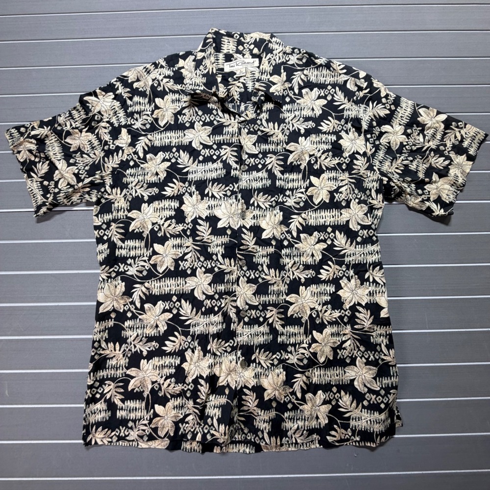 Tori Richard Honolulu Mens Large Cotton Lawn Black Floral Hawaiian Button Shirt